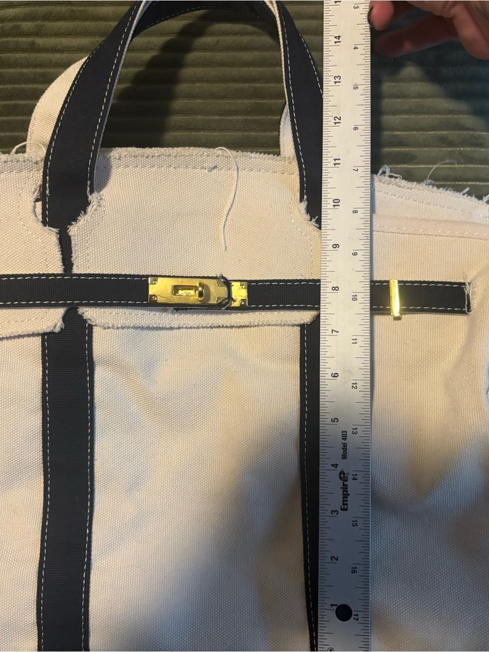 Canvas Tote Bag with Navy Trim and Gold Hardware - Women Bags